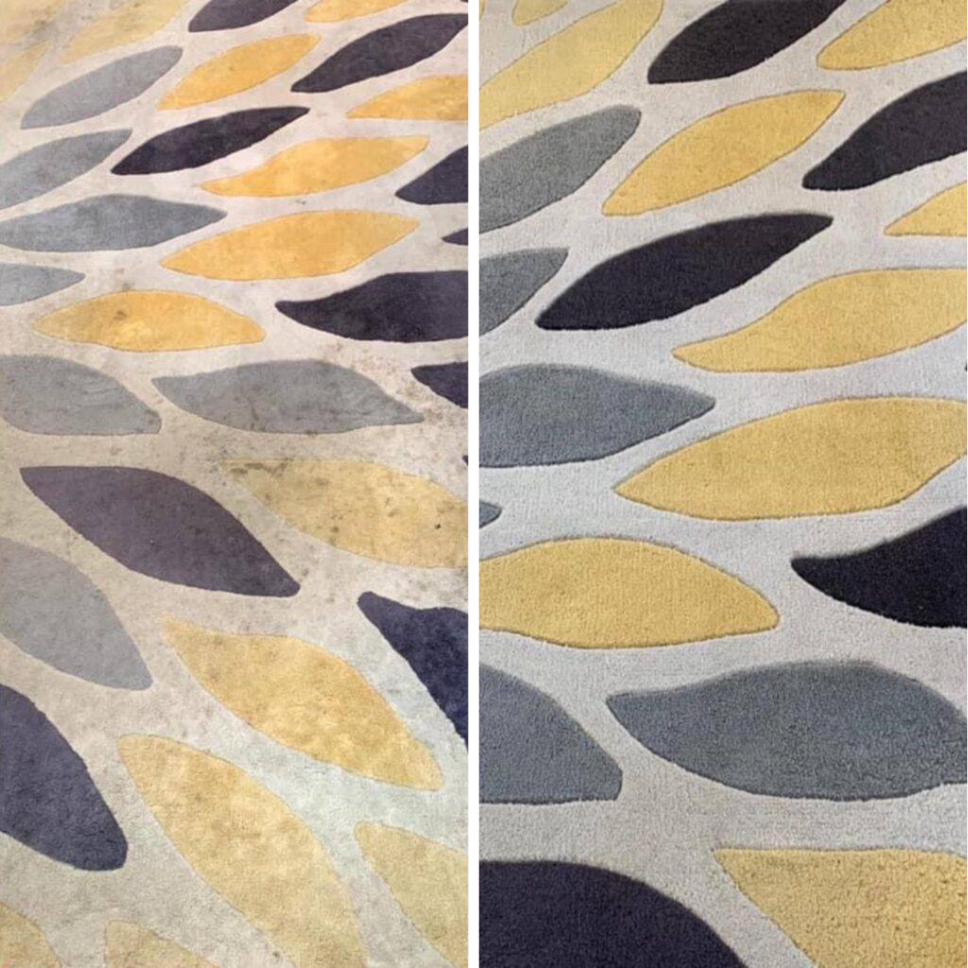 side by side comparison of rug before and after cleaning